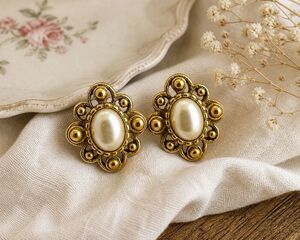 Vintage Victorian Revival Faux Pearl Gold Tone Stud Earrings Ornate Baroque